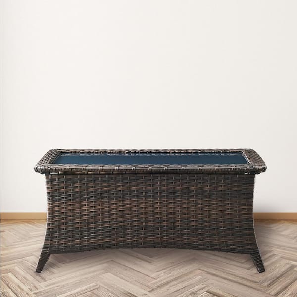 Opohoro ArcoBay Brown Rectangular Wicker Outdoor Coffee Table with Tempered Glass Top