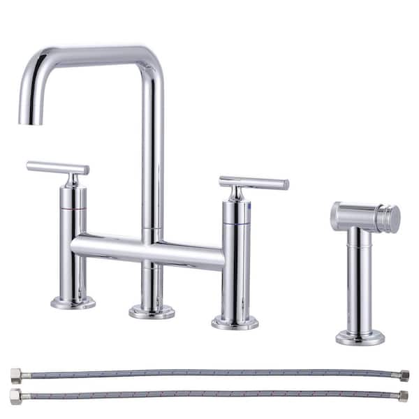 Double Handle 4-Hole High Arc Widespread Brass Bridge Kitchen Faucet with Pull Out Side Spray in Polished Chrome