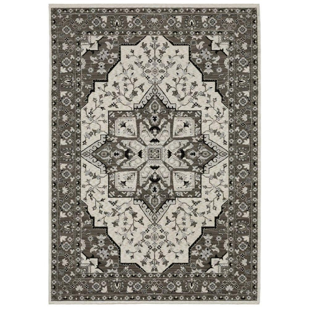 HomeRoots 7 ft. x 10 ft. Ivory and Gray Medallion Area Rug with Fringe ...