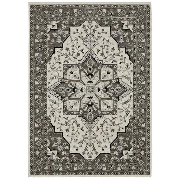 7 ft. x 10 ft. Ivory and Gray Medallion Area Rug with Fringe