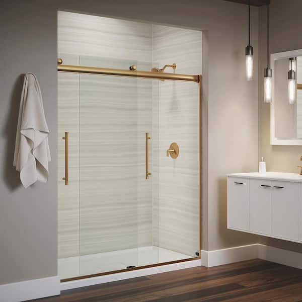 KOHLER Elmbrook 55-60 in. W x 74 in. H Sliding Frameless Shower Door in Vibrant Brushed Moderne Brass with Crystal Clear Glass