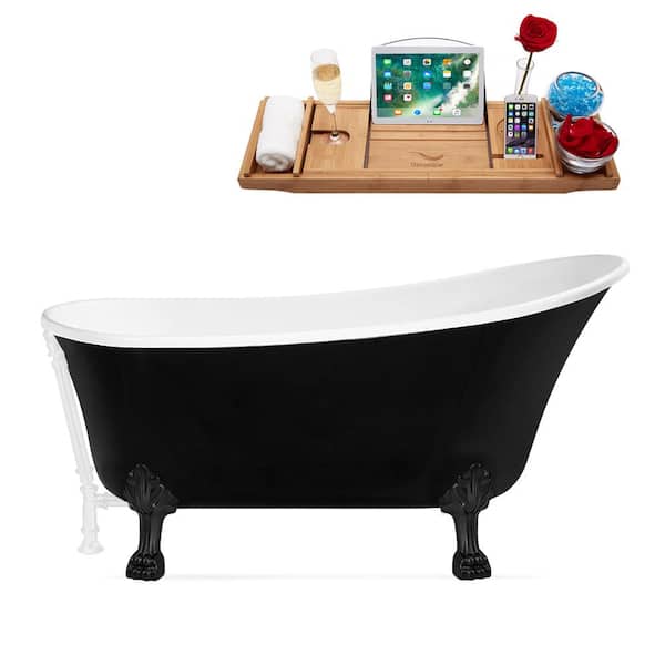 Streamline 59 in. Acrylic Clawfoot Non-Whirlpool Bathtub in Glossy Black With Matte Black Clawfeet And Glossy White Drain