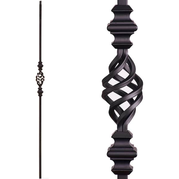 HOUSE OF FORGINGS Versatile 44 in. x 0.5 in. Satin Black Single Basket Solid Wrought Iron Baluster