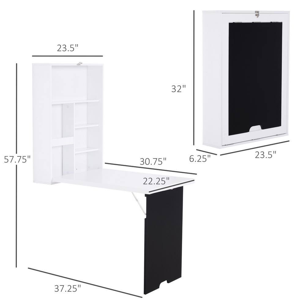White Wall Mounted Foldable Desk with Blackboard and Shelves