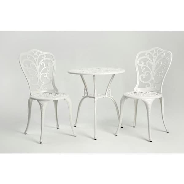 ANGELES HOME White 3-Piece All Weather Aluminum Patio Outdoor Bistro Set with Umbrella Hole