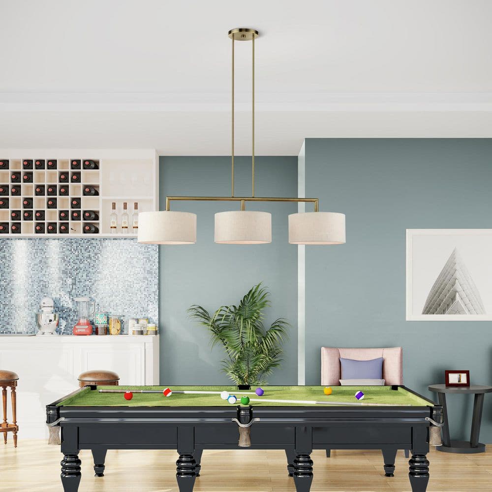 Meridian Antique Brass 3-Light Linear Chandelier with Oatmeal Shades