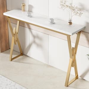 White 41.3 in. Wood and Metal Bar Table with Gold Base and Adjustable Leg Pad