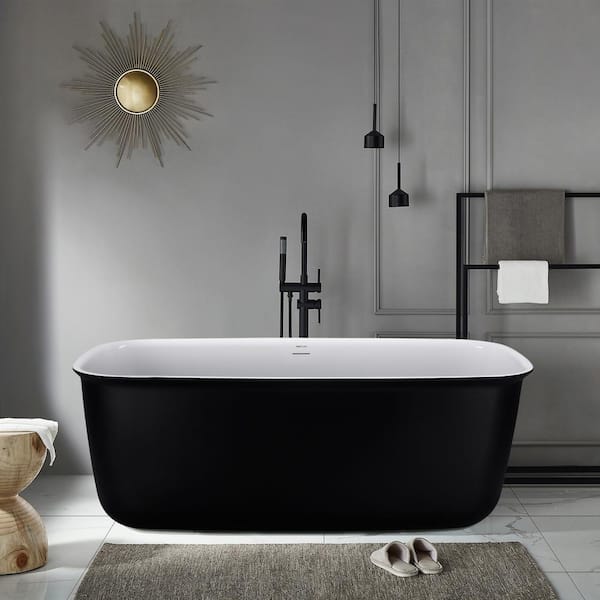 UPIKER 63 in. Acrylic Flatbottom Non-Whirlpool Bathtub with Roll Top Freestanding Soaking Bathtub in Black