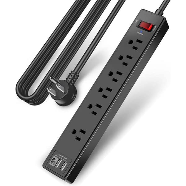phyfalip 6-Outlet Power Strip Surge Protector with 3 USB Ports, 10 ft. Cord and 1680 Joules in Black