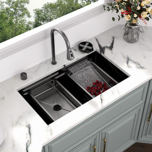 Kichae 33 in. Undermount Singel Bowl Workstation Kitchen Sink in