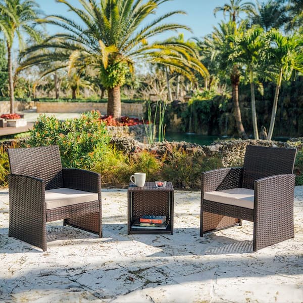 HEARTH & HARBOR 3-Piece Brown Patio Outdoor Furniture Wicker Conversation Set with Beige Cushions