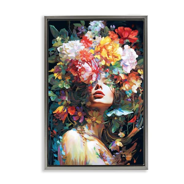 Rose Bedecked Woman by Leon Devenice Gray Floater Frame Nature Graphic Art Print 31 in. x 21 in.