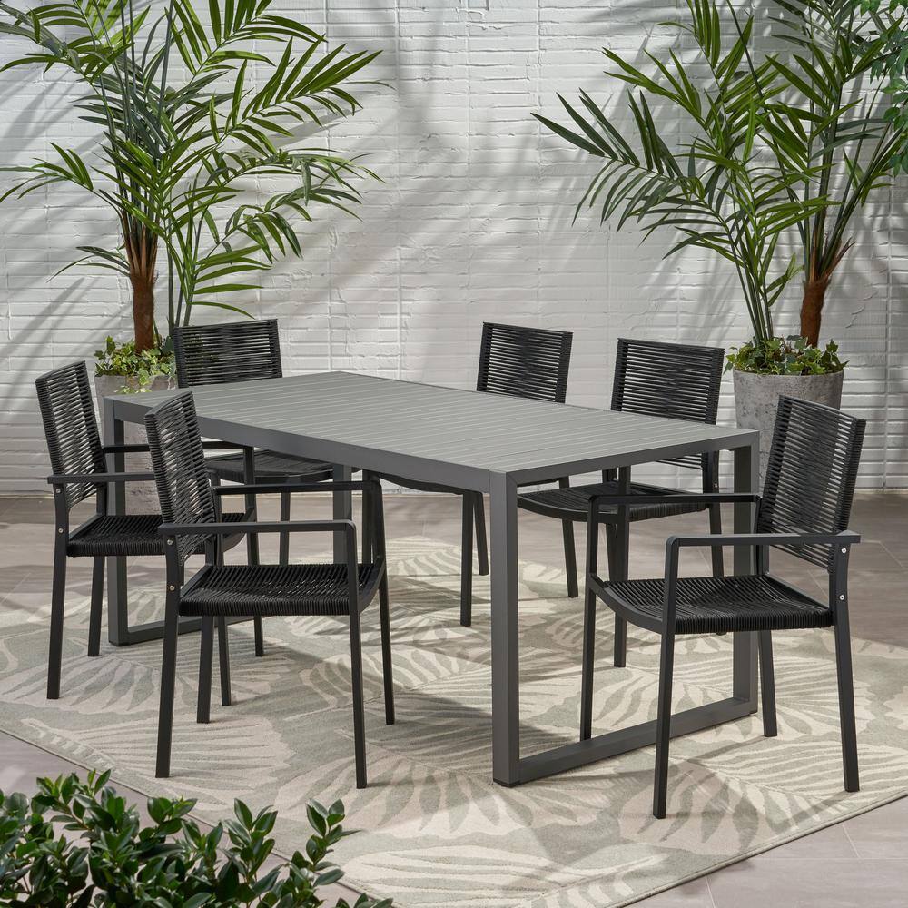 Noble House Blan Black 7-Piece Metal Rectangular Outdoor Dining Set ...