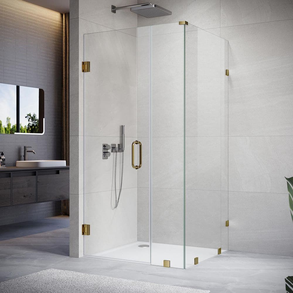 UKH07 49 in. W x 80 in. H x 36 in. D Hinged Frameless Corner Shower Enclosure in Satin Brass 3/8 in. Clear Glass price history on PriceWatchPro