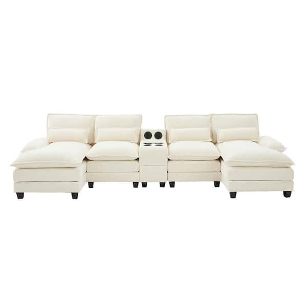 Modern 126 in. 4-Pieces Fabric Upholstered U-Shaped with Wireless Charging and Bluetooth Audio Sectional Sofa in. Beige