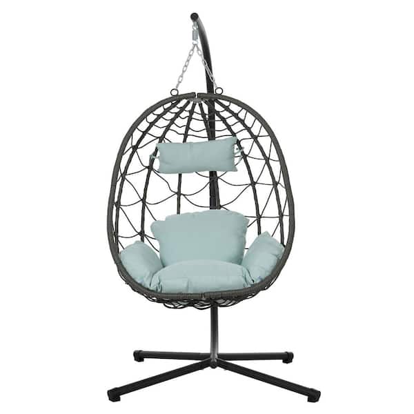 Outdoor Garden Wicker Swing Chair Outdoor Rocking Chair Foldable Hanging Egg Chair with Stand and Green Cushion