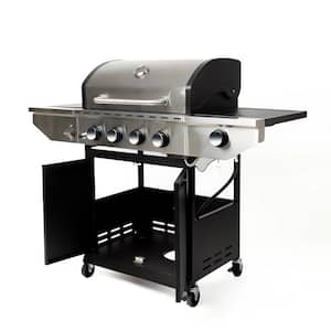 Outdoor BBQ 4-Burner Propane Grill in Silver and Black, Stainless Steel Gas Grill with Side Burner and Thermometer