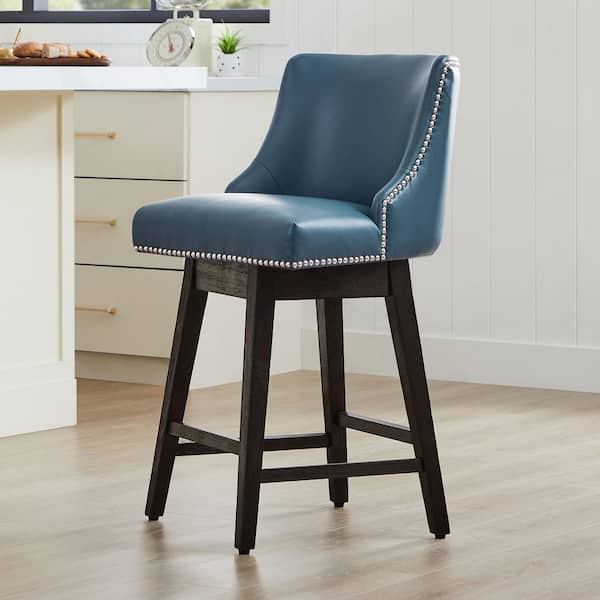 Spruce & Spring Martin 26 in. Blue High Back Solid Wood Frame Swivel Counter Height Bar Stool with Faux Leather Seat