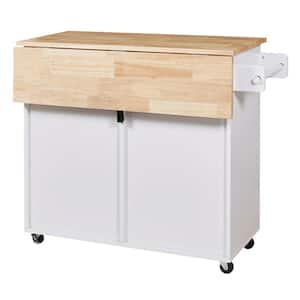 White Wood 39 in. Kitchen Island with Divider and Internal Storage Rack Adjustable Shelf for Kitchen