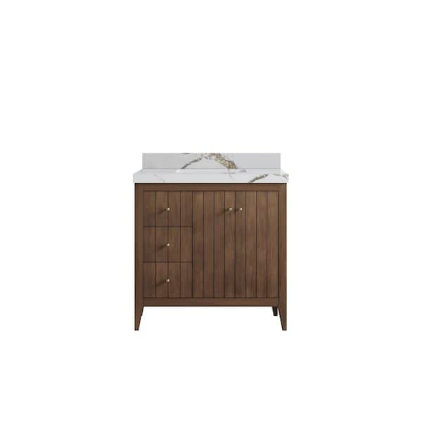 Willow Collections Atlanta Teak 36 in. W x 22 in. D x 36 in. H Right Sink Bath Vanity in Dark Natural with 2 in. Calacatta Gold qt. Top