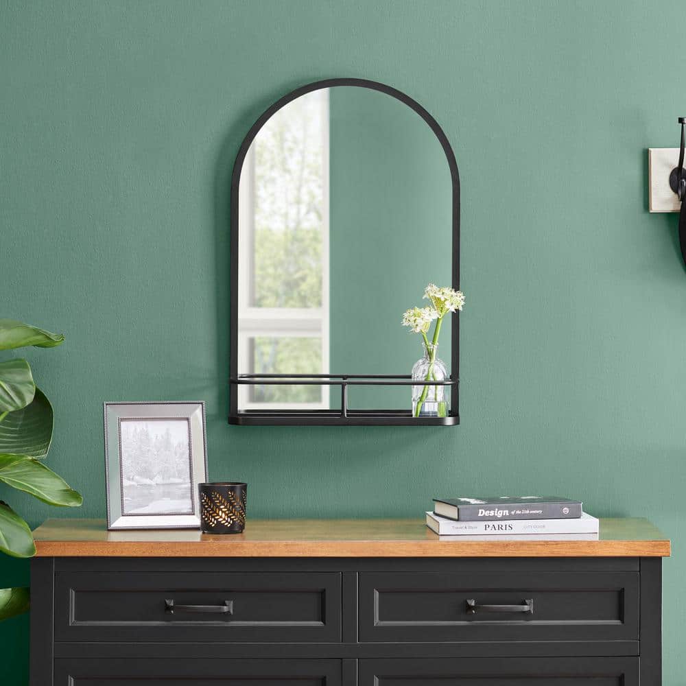 16 in. W x 24 in. H Medium Modern Arched Black Framed Mirror with Shelf