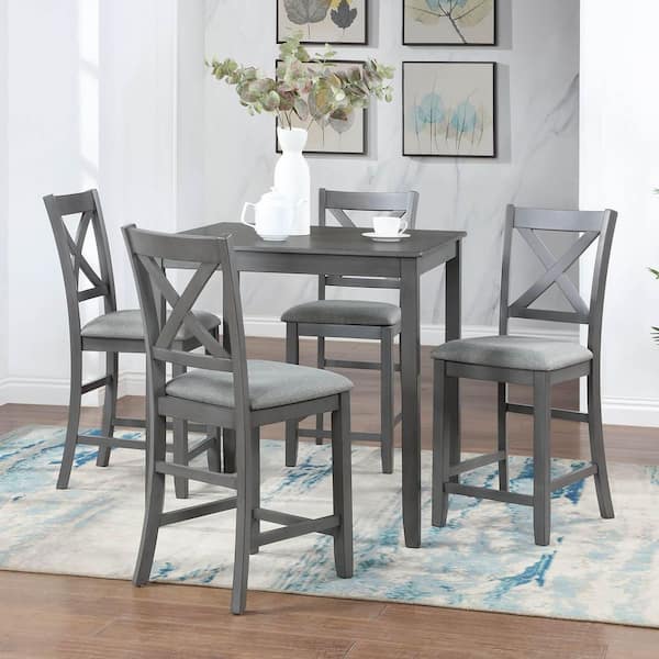 5-Piece Square Gray Wood Top Dining Room Set Seats 4