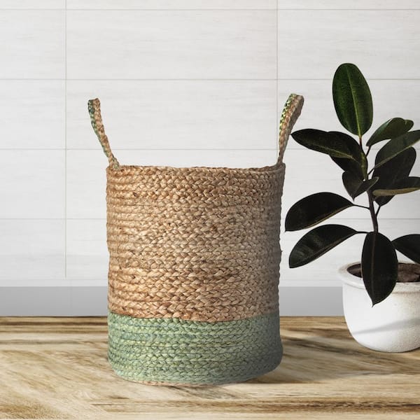 Evette Rios Amara Wise Braided Natural Jute Green Decorative Basket with Handles