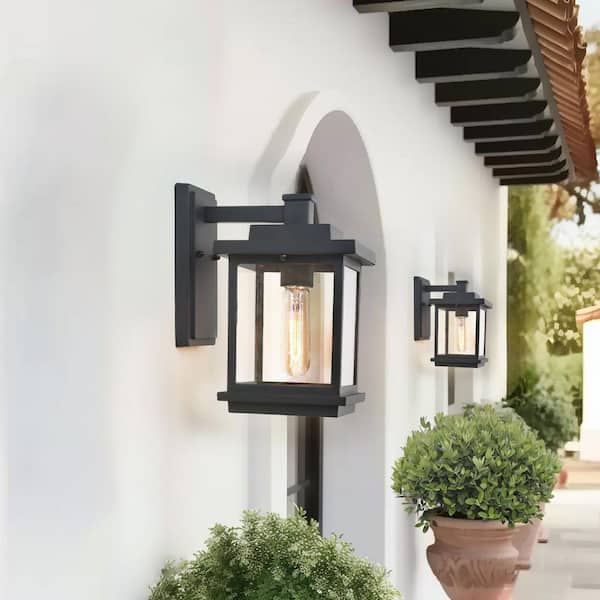 Modern Farmhouse 1-Light Matte Black Square Outdoor Wall Lantern Sconce with Clear Glass Shade Industrial Wall Lamp