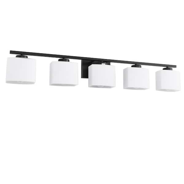 40 in. 5 Light Matte Black Vanity Light with White Glass Shades for Bathroom and No Bulbs Included