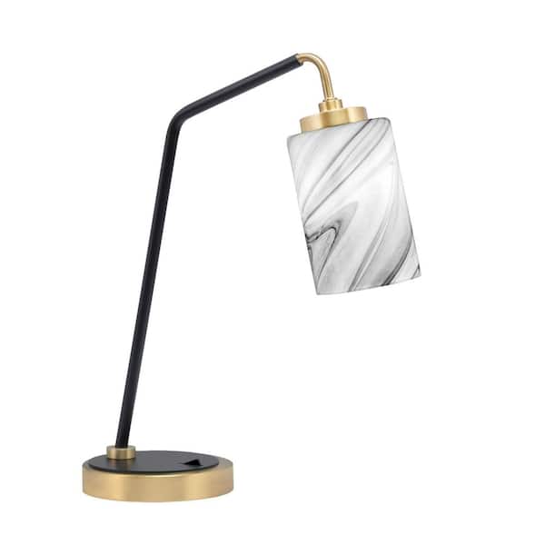 Unbranded Delgado 16.5 in. Matte Black and New Age Brass Desk Lamp with Onyx Swirl Glass