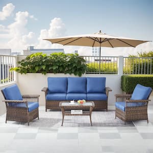 StLouis Brown 4-Piece Wicker Patio Conversation Set with Blue Cushions