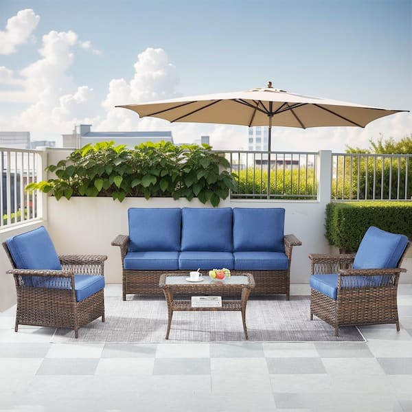 Gymojoy StLouis Brown 4-Piece Wicker Seactional Sofa Set Outdoor lounge chair Set with CusionGuard Blue Cushions