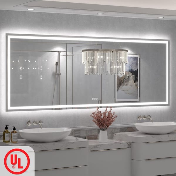 84 in. W x 32 in. H Large Rectangular Frameless Double LED Lights Anti-Fog Wall Bathroom Vanity Mirror in Tempered Glass