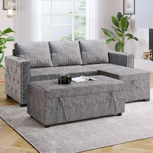 84 in. W 3-piece Polyester Pull-out L-shaped Storage Sofa Bed, Corner Sofa Bed with Storage Chaise Lounge in Gray