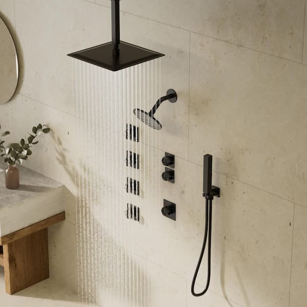 GRANDJOY 12 in. 5-Spray Multi-Functionn Dual Shower System Square High Pressure with Hand Shower in Matte Black (Valve Included)