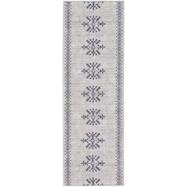 57 GRAND BY NICOLE CURTIS 57 Grand Machine Washable Ivory/Charcoal 2 ft. x 6 ft. Center Medallion Contemporary Runner Area Rug