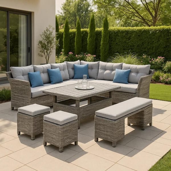 Mia 5-Piece Wicker Outdoor Sectional Sofa Set with Gray Cushions and Bench