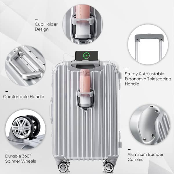 Merax 28 in. 24 in. Gray Silver ABS Hardside Spinner Luggage with USB Port, Aluminum Bumper Corners, Cup Holder CJXB0014AAD Merax 28 in. 24 in. Gray Silver ABS Hardside Spinner Luggage with USB Port, Aluminum Bumper Corners, Cup Holder CJXB0014AAD