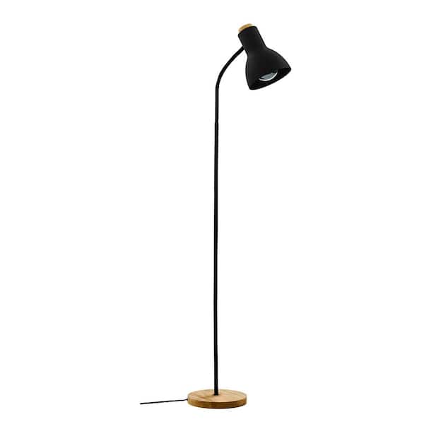 Eglo Verdal 9.05 in. W x 59.25 in. H 1-Light Black with Wood Accents Standard Floor Lamp with Black Metal Dome Shade