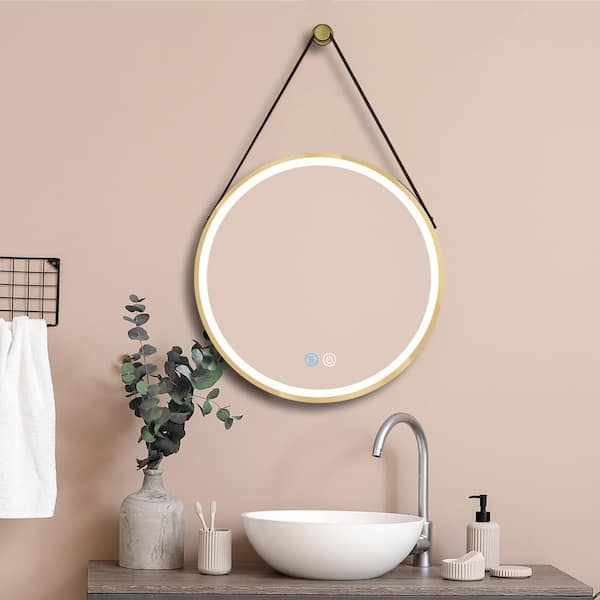 Getpro 24 in. W x 24 in. H Round Aluminum Framed Dimmable Wall Bathroom Vanity Mirror in Brushed Gold