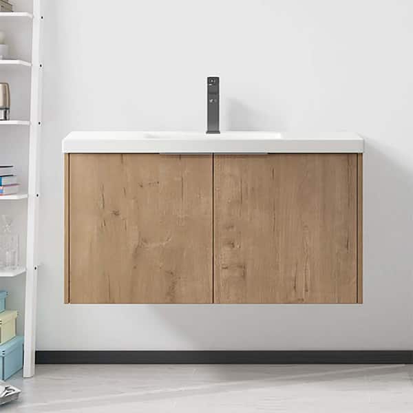 FUNKOL 36 in. W x 18 in. D x 19.30 in. H Bathroom Vanity in Imitation oak color with white Gel Basin Top