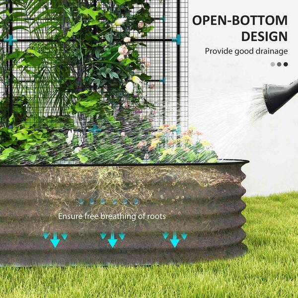 Outsunny - Raised Garden Beds with Arch Trellis, Climbing Net, Galvanized Steel Planter Box for Climbing Vegetables Flowers Herbs