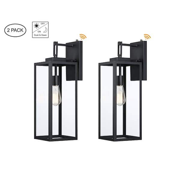 Bonanza 22 in. 1-Light Matte Black Outdoor Hardwired Wall Lantern Sconce with Dusk to Dawn (2-Pack)