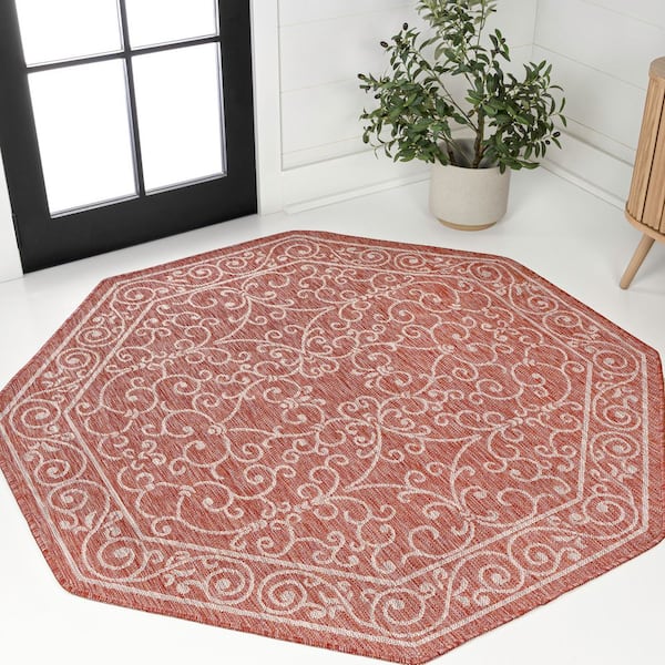 Charleston Vintage Filigree Textured Weave Red/Beige 8 ft. Octagon Indoor/Outdoor Area Rug