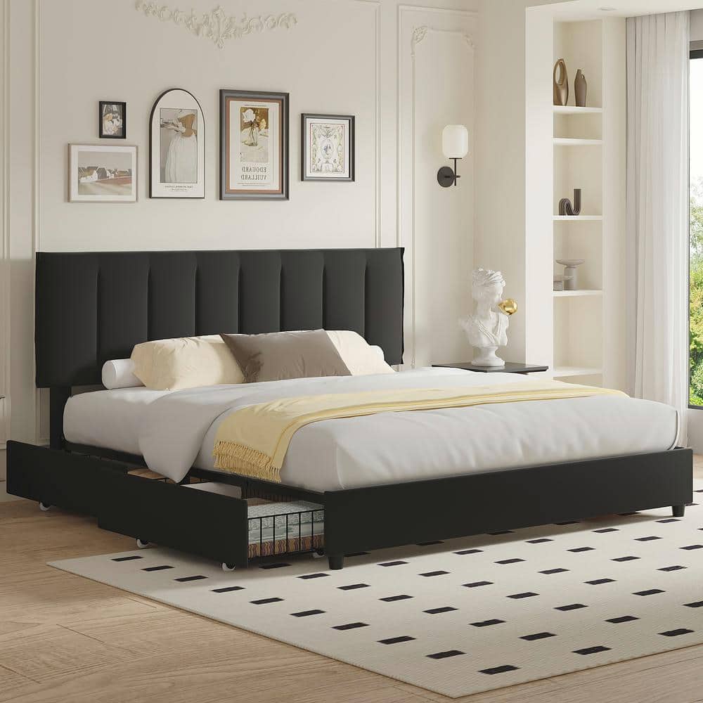 Upholstered Bed Frame, Black Metal Frame King Platform Bed with 4-Storage Drawers and Adjustable Headboard Bed Frame