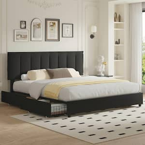 Upholstered Bed Frame, Black Metal Frame King Platform Bed with 4-Storage Drawers and Adjustable Headboard Bed Frame