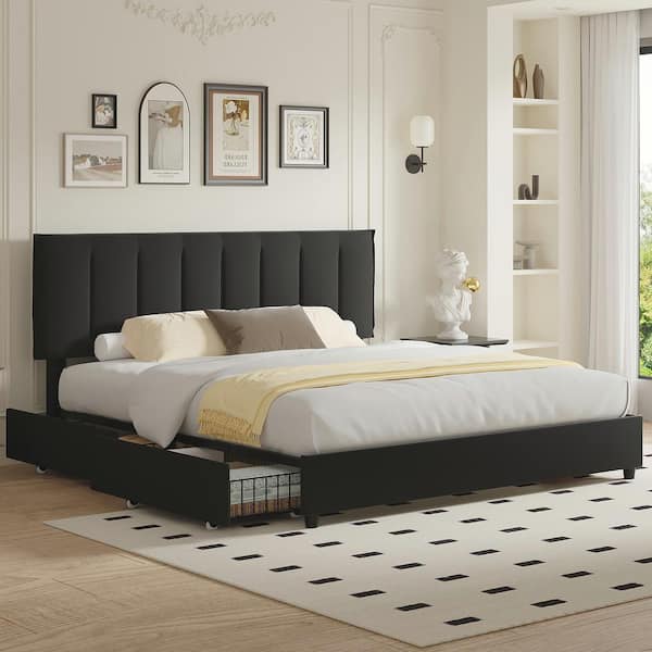 VECELO Upholstered Bed Frame, Black Metal Frame King Platform Bed with 4-Storage Drawers and Adjustable Headboard Bed Frame