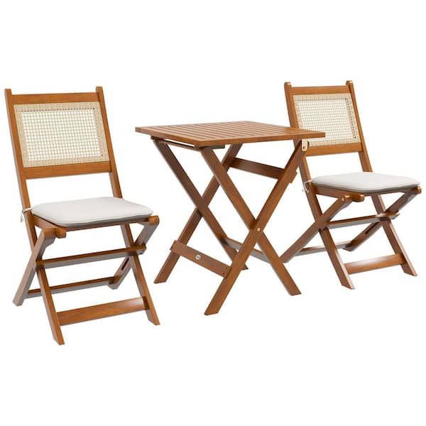 Outsunny Teak 3-Piece PE Rattan Wood 28.7 in. Square Outdoor Bistro Set with White Cushions