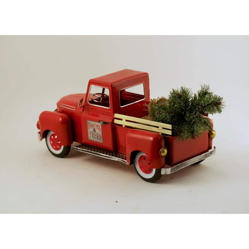 18 in. Red Metal Vintage Truck Decoration with Glossy Finish