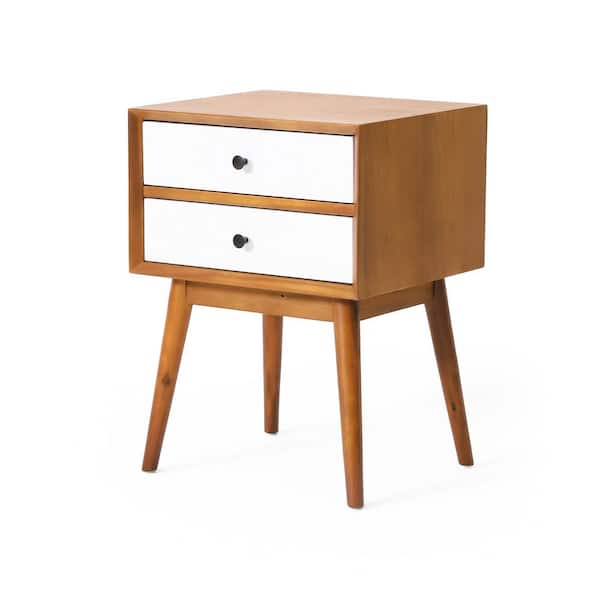White and Natural Oak - Drawers Acacia Wood Nightstand